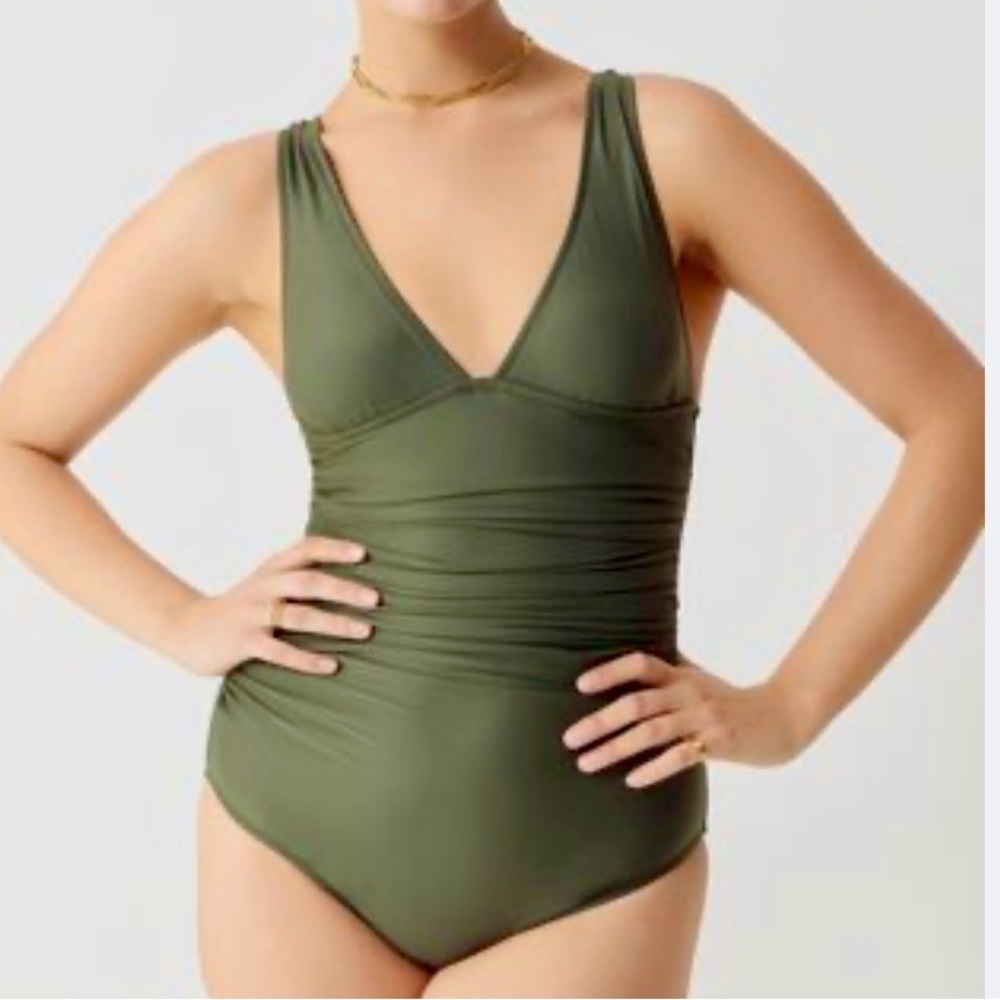 J. Crew Ruched V Neck One Piece Swimsuit in Safari Green Size 20